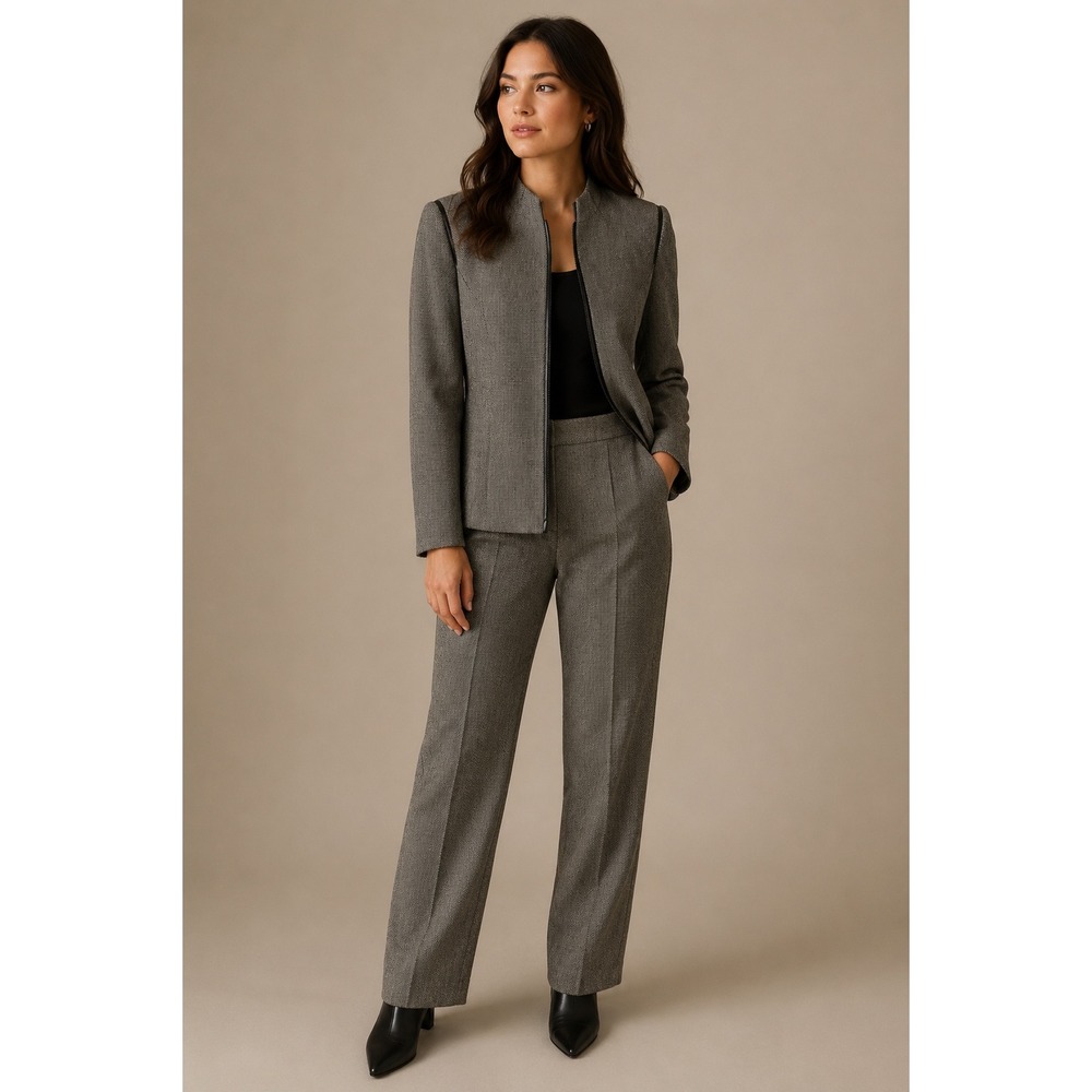 Kasper ASL Gray Herringbone 100% Wool 2pc Pantsuit Set Front Zip Size 8